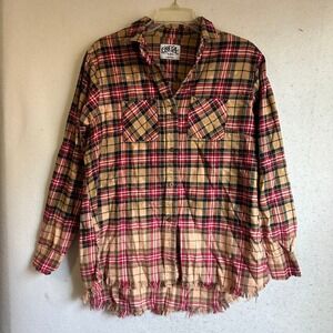 One 24 Rags Plaid Flannel Shirt Tan Red Bleached Dip Dye Frayed Hem Large
